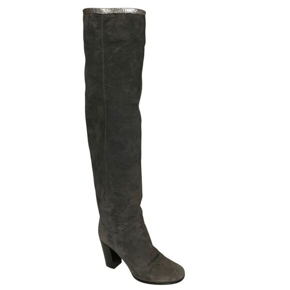 Chanel Interlocking C Grey Suede Fold Over Metallic Thigh Knee High Boots EU 38 - Picture 1 of 11